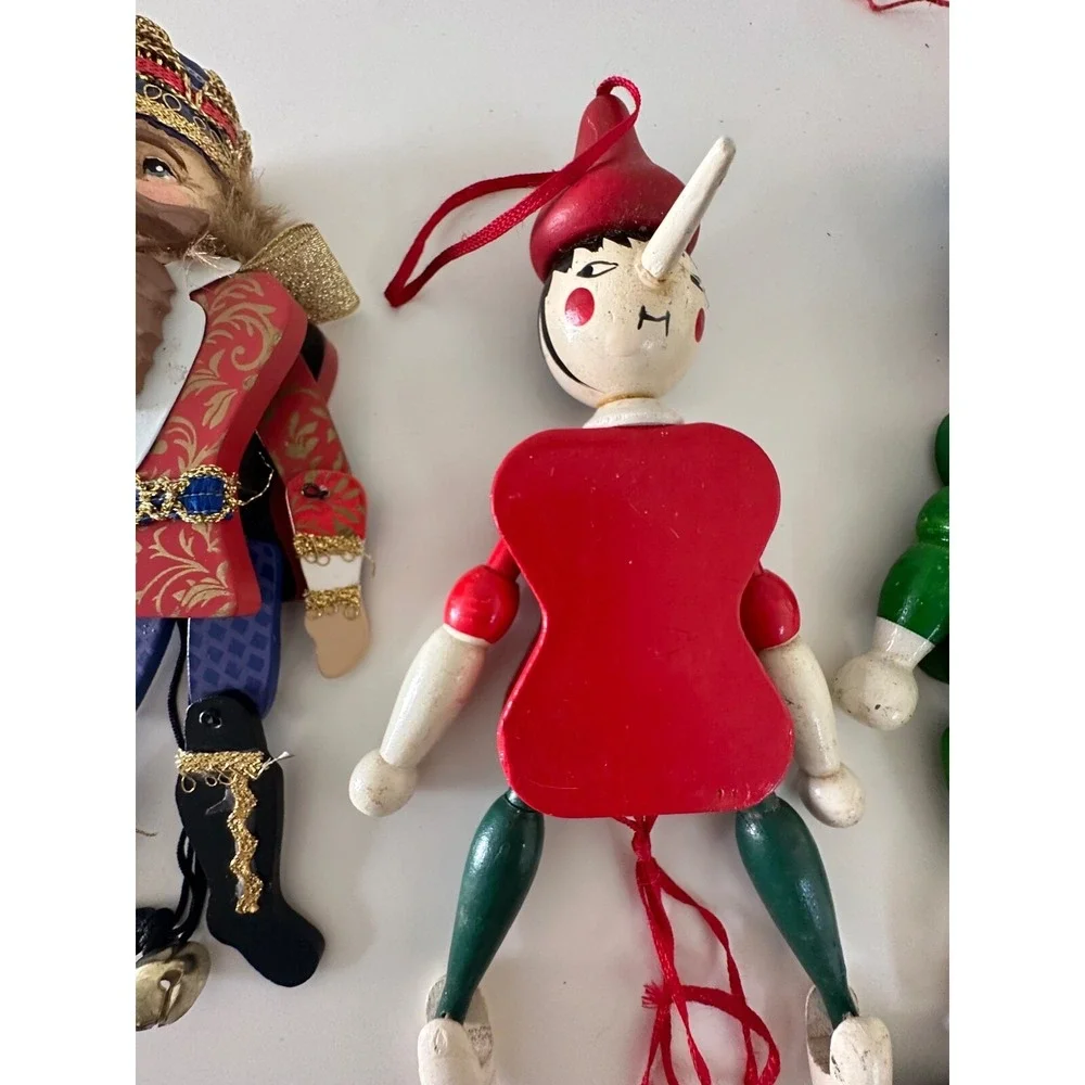 Pull String Wood King Pinocchio Nutcracker Christmas‎ Ornament 3 Pc Painted